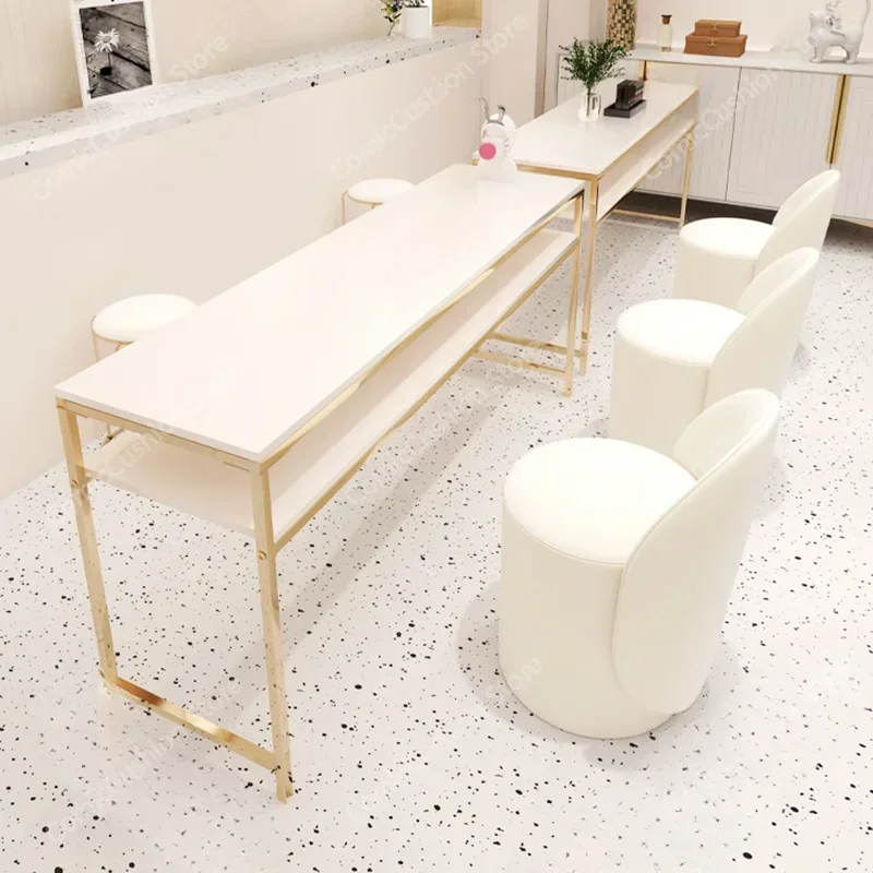 Moderne hölzerne Nagel tisch Creme Stil goldene Eisen Kunst Maniküre Tische profession elle ästhetische Salon Möbel Mesa Fymt