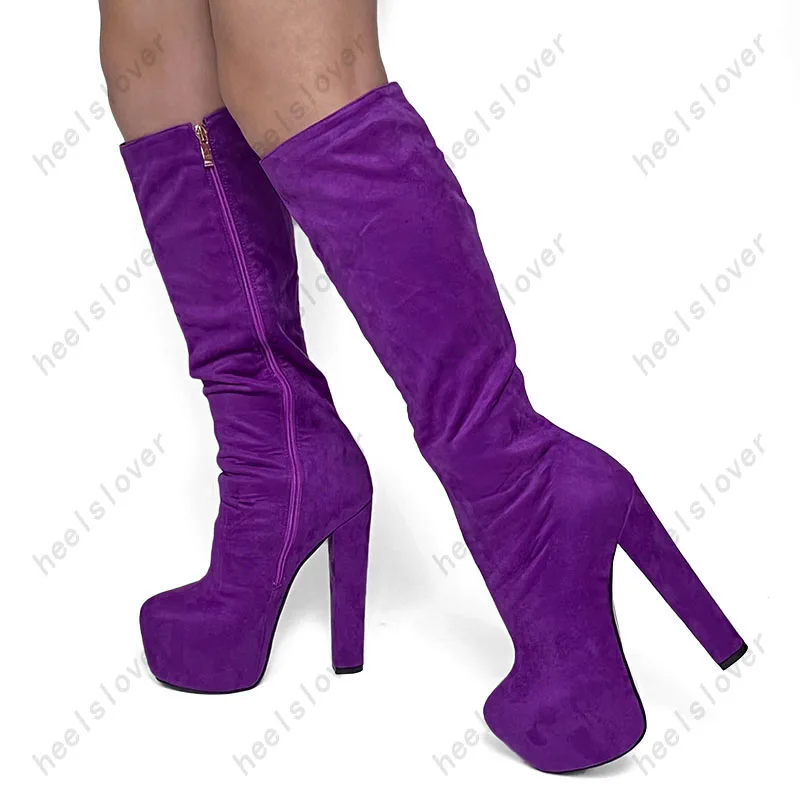 Ahhlsion stivali al ginocchio aderenti invernali da donna in pelle scamosciata tacchi grossi punta tonda bellissime scarpe viola fucsia da donna