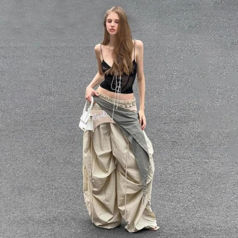 American Style Spicy Girl Color Blocking Strap Pants Women's Hip-hop Street Loose Wide Leg Casual Pants Folding Waist Scarf