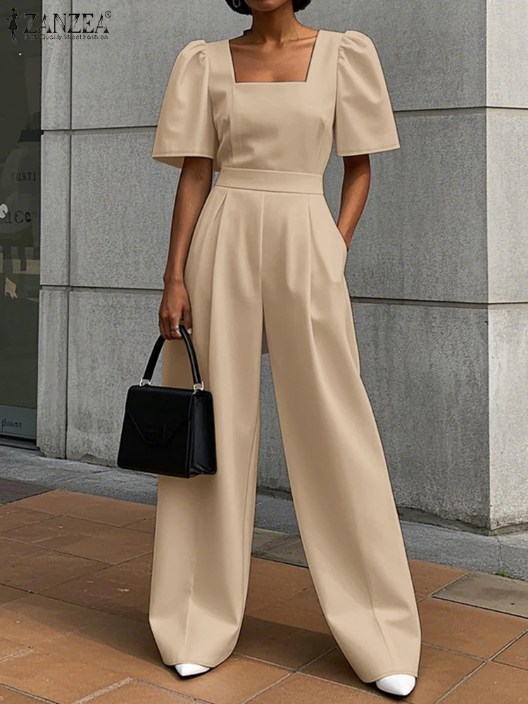 ZANZEA Solid Elegant Jumpsuits ผู้หญิง Street แฟชั่นเดินทางเอวกางเกงขากว้าง Overalls แขนสั้นสแควร์คอ Rompers