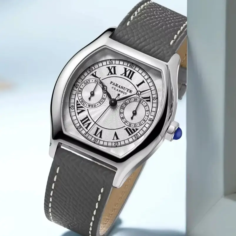 FARASUTE Men Quartz Watch Pilot 36mm Tonneau Wristwatch Fashion Sapphire Mirror 50M Waterproof VH64 Week Date Roman Scales