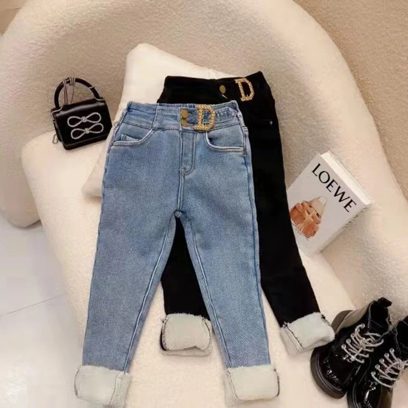 Winter Fleece Lined Kids Jeans Elastic Waist Girls Pencil Pantalone Thicken Plush Slim Denim Pants Warm Children Skinny Vaqueros