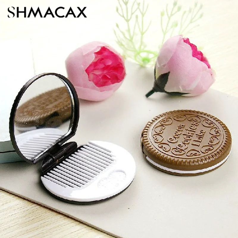 Chocolate Biscuit Round Folding Make Up Mirror Ins Kawai Outside Pocket Mirrors Women Small Cocoa Mirror With Combs Black Coffee