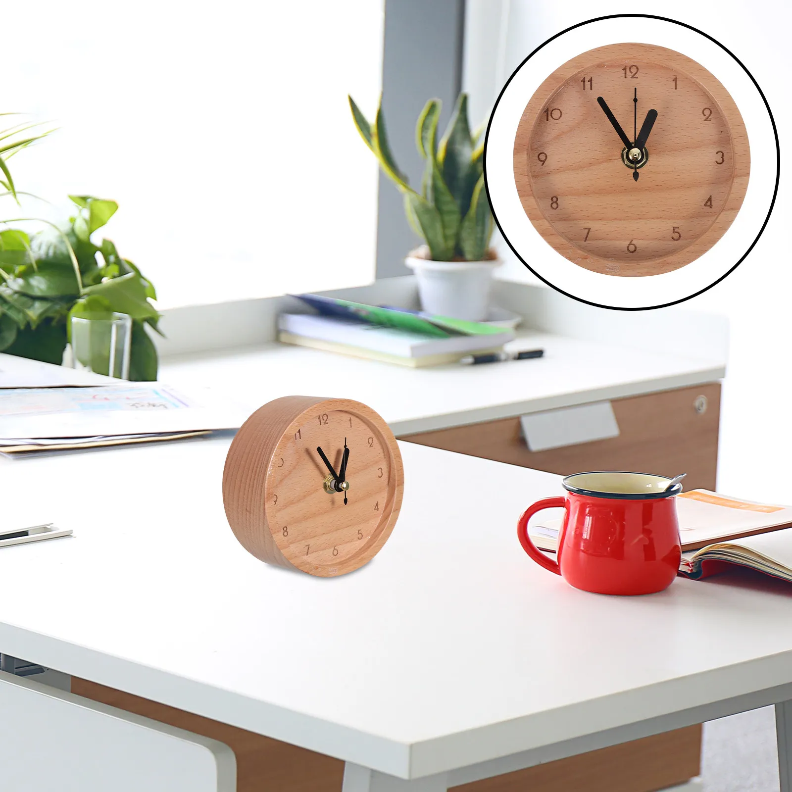 Silent Wooden Round Clock – Beech Wood Minimalist Tabletop Clock, Battery Operated Quiet Nightstand Timepiece