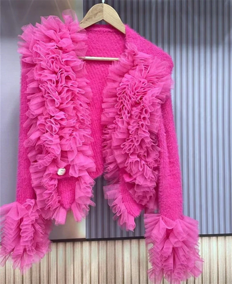 Original Design Cute Mesh Ruffles Women Sweater Top All-match Elegant Fairy Cardigans Coat Pink Long Sleeve Knitted Short Coats