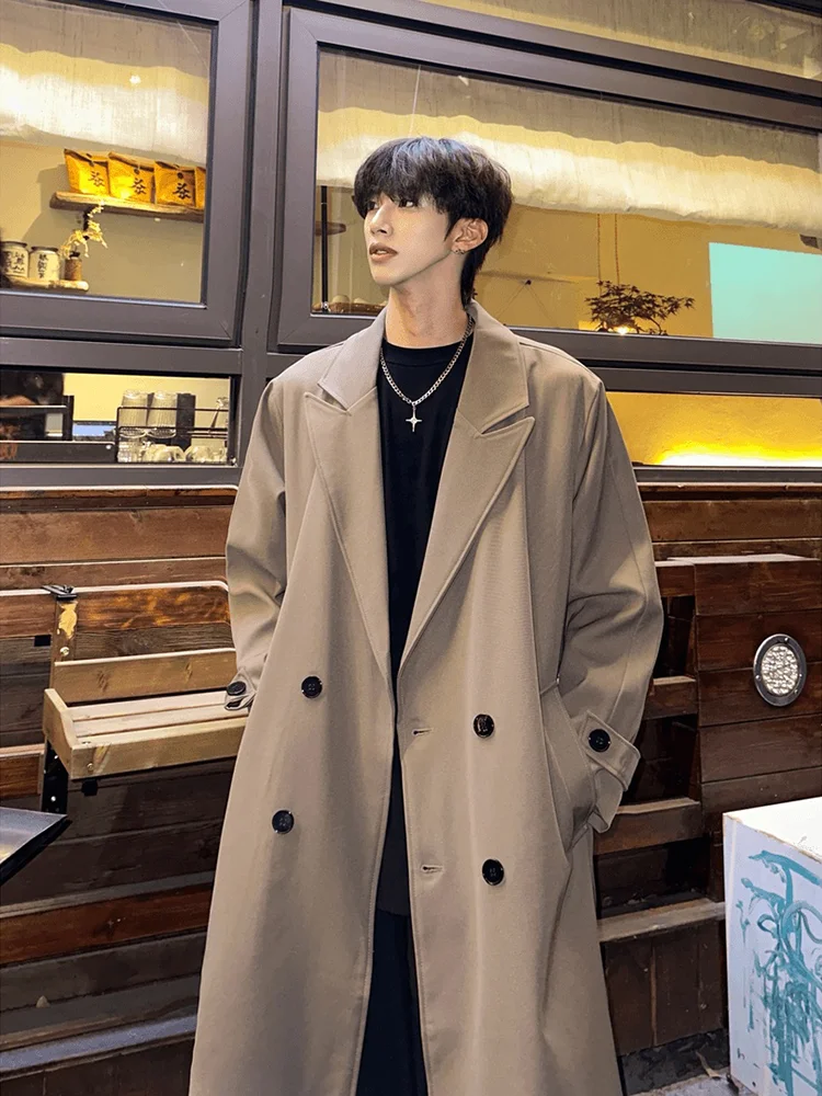 

Мужское свободное пальто средней длины в корейском стиле с двубортной застежкой на пуговицах, модное, с длинными рукавами, однотонное
