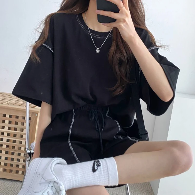 Summer Women\'s Short-sleeved Shorts Two-piece 2023 New Fashion Casual Sports Suit Loose Oversized Solid Color Patchwork Neutral