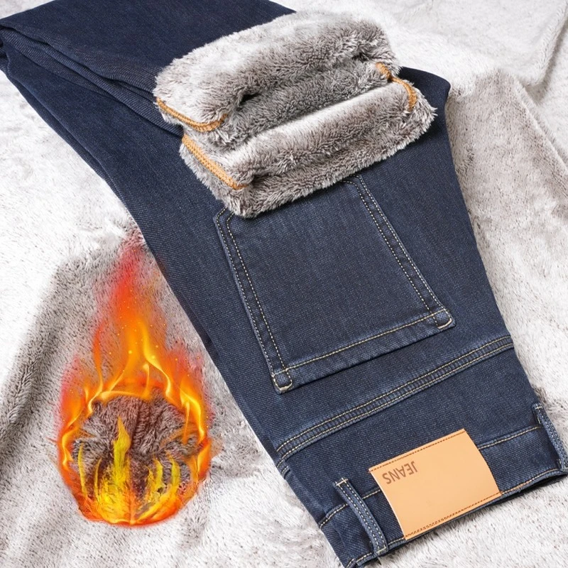 

Зимние деловые мужские флисовые джинсы, толстые прямые повседневные бархатные теплые брюки, модные эластичные брендовые плюшевые джинсовые брюки мужские