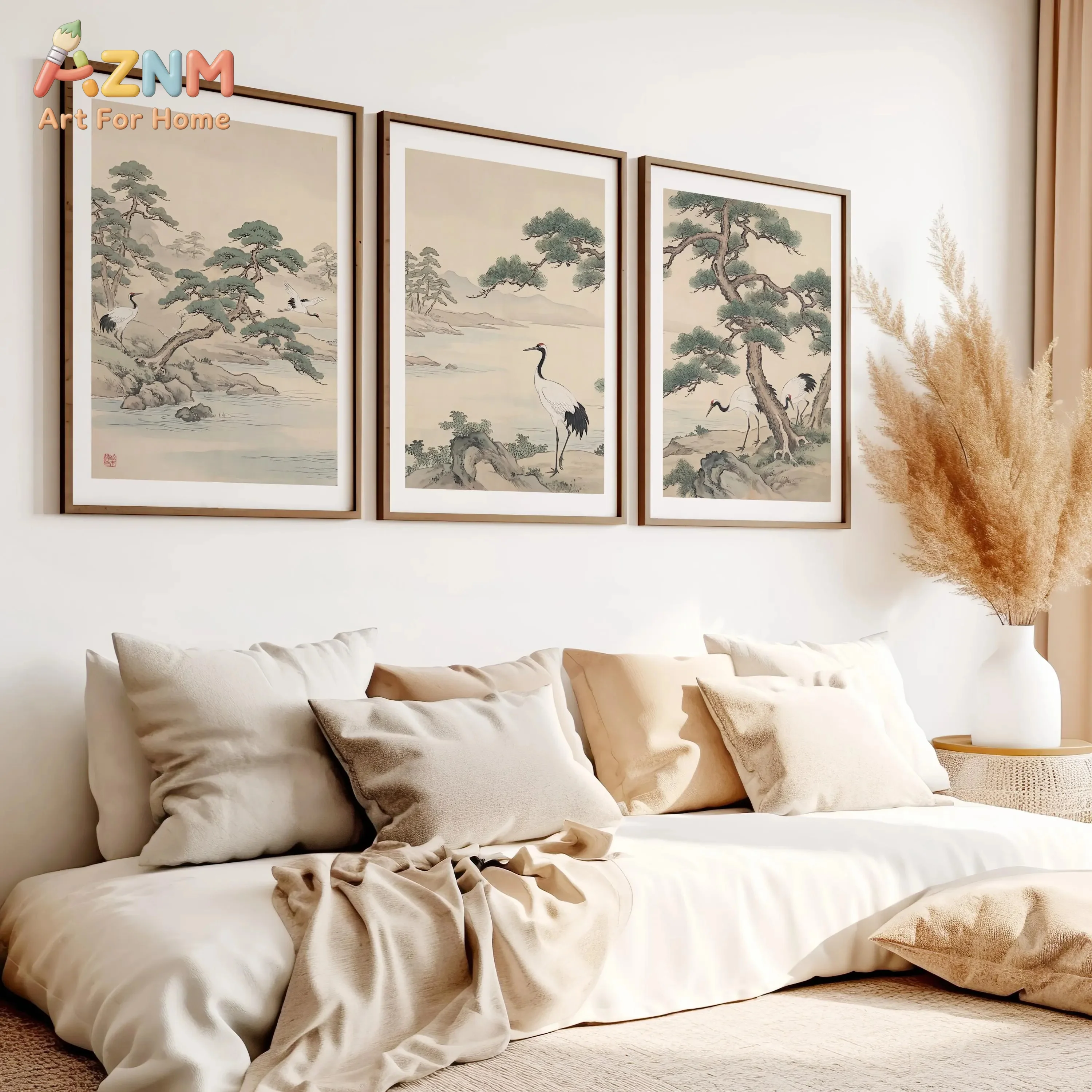 AZNM Frameless Canvas Traditional Chinese Pine Red‑Crowned Crane Landscape Wall Art Print Oriental Style Living Room Home Decor