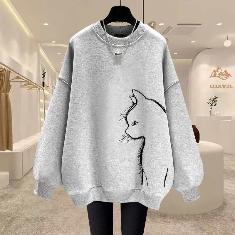 Oversized Black Print Hoodies Sweatshirts Spring Autumn New Long Sleeve O-Neck Loose Pullovers Tops Casual Fashion Women Clothes