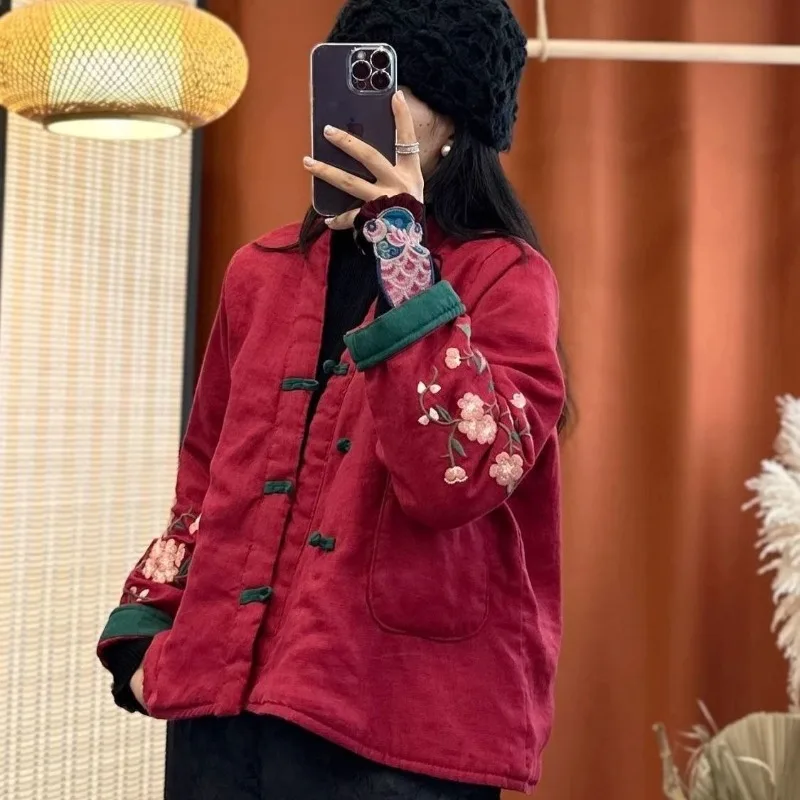 Women's Fall Winter Tops Coat Cotton Coat Embroidery Plate Button Linen Literary Retro Leisure Soft Comfortable Versatile Niche