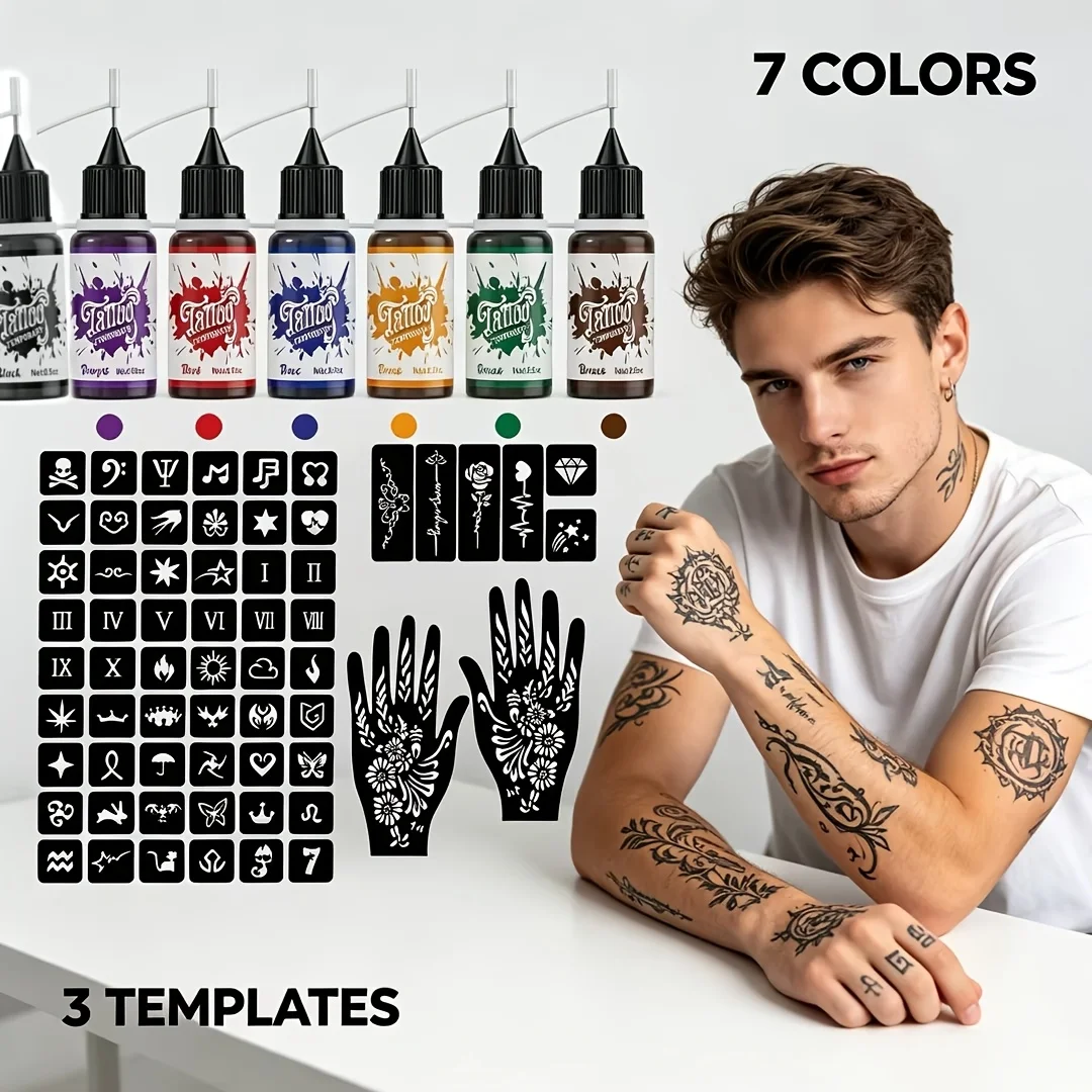 Henna Temporary Tattoo Cream Kit with Reusable Stencils Natural Color Body Art Paste Long Lasting Waterproof Easy Apply DIY Hand