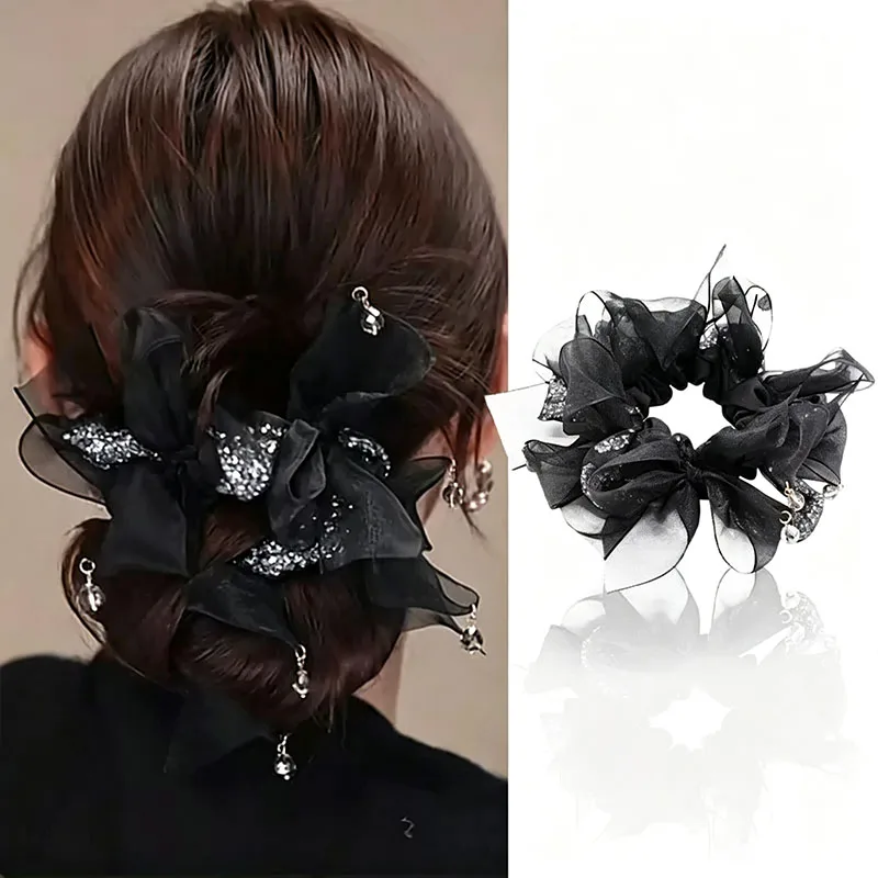 Luxuriöser Strass-Haargummi mit Schleife für Damen und Mädchen, süßer Haarschmuck, elastisches Haarband, Haargummi, Haarring, modisches Haar-Accessoire – Detail 6