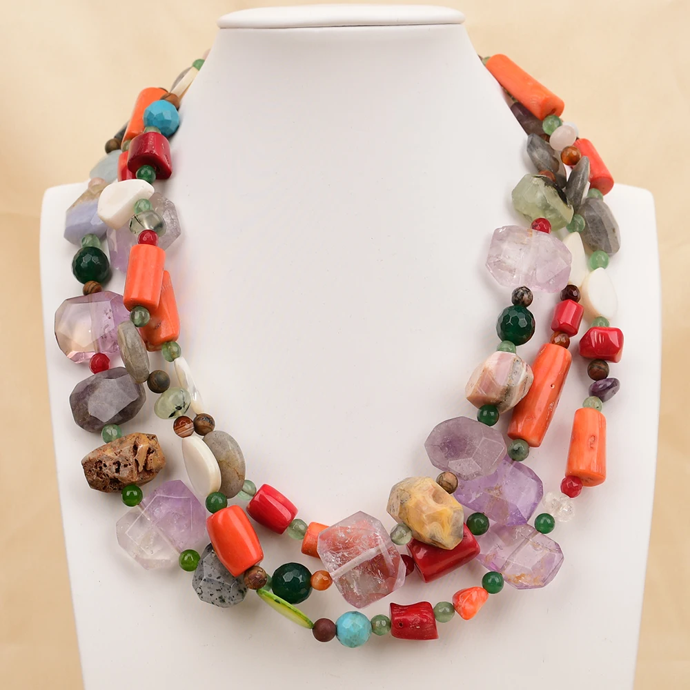 

APDGG C18 Natural Stone 3 Strands Mix Gems Quartz Coral Jasper Necklace Handmade Jewelry