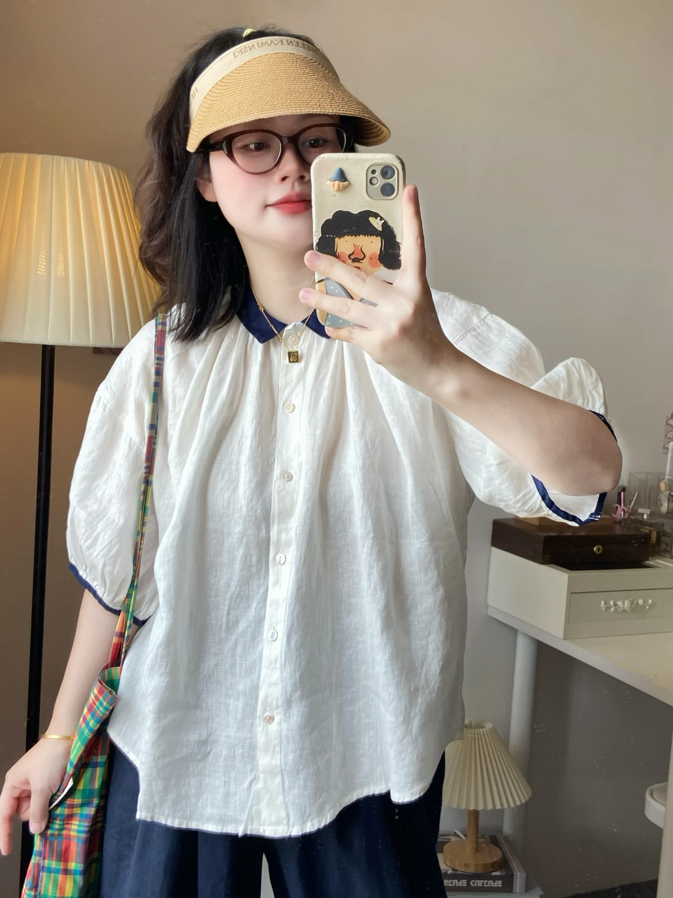 

Retro Doll Collar Linen Shirt Women's Bubble Sleeve Patchwork Color Block Loose Cute Short Sleeve Blouse Comfortable Commute ...