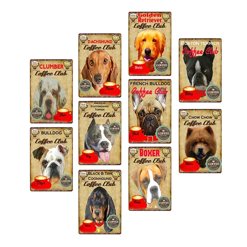 Dogs Coffee Plaque Metal Vintage Tin Signs Coffee Cafe Bar Wall Poster Pub Art Painting 20*30 CM