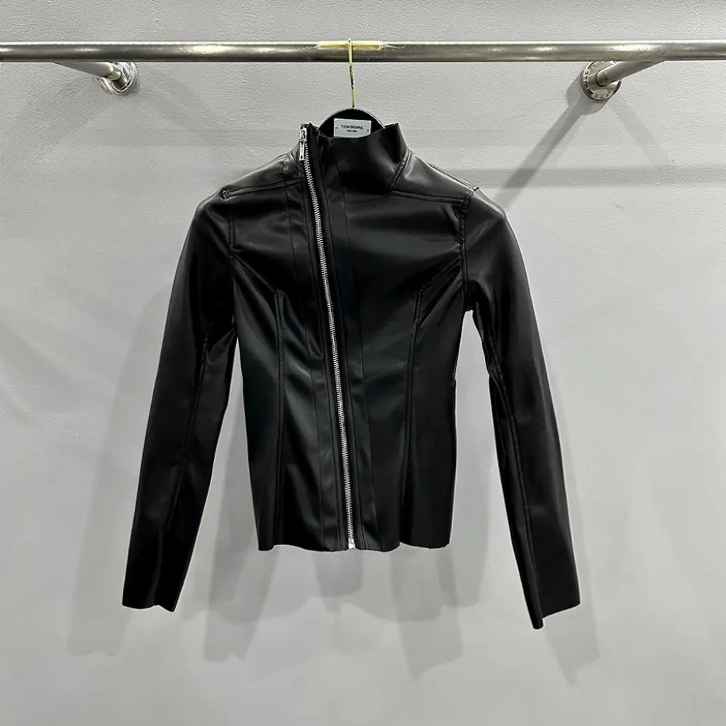 

SUBHUMAN Women's Slim Fit PU Leather Jacket Chic Spring/Summer Turtleneck Oblique Zipper Thin Material Slimming