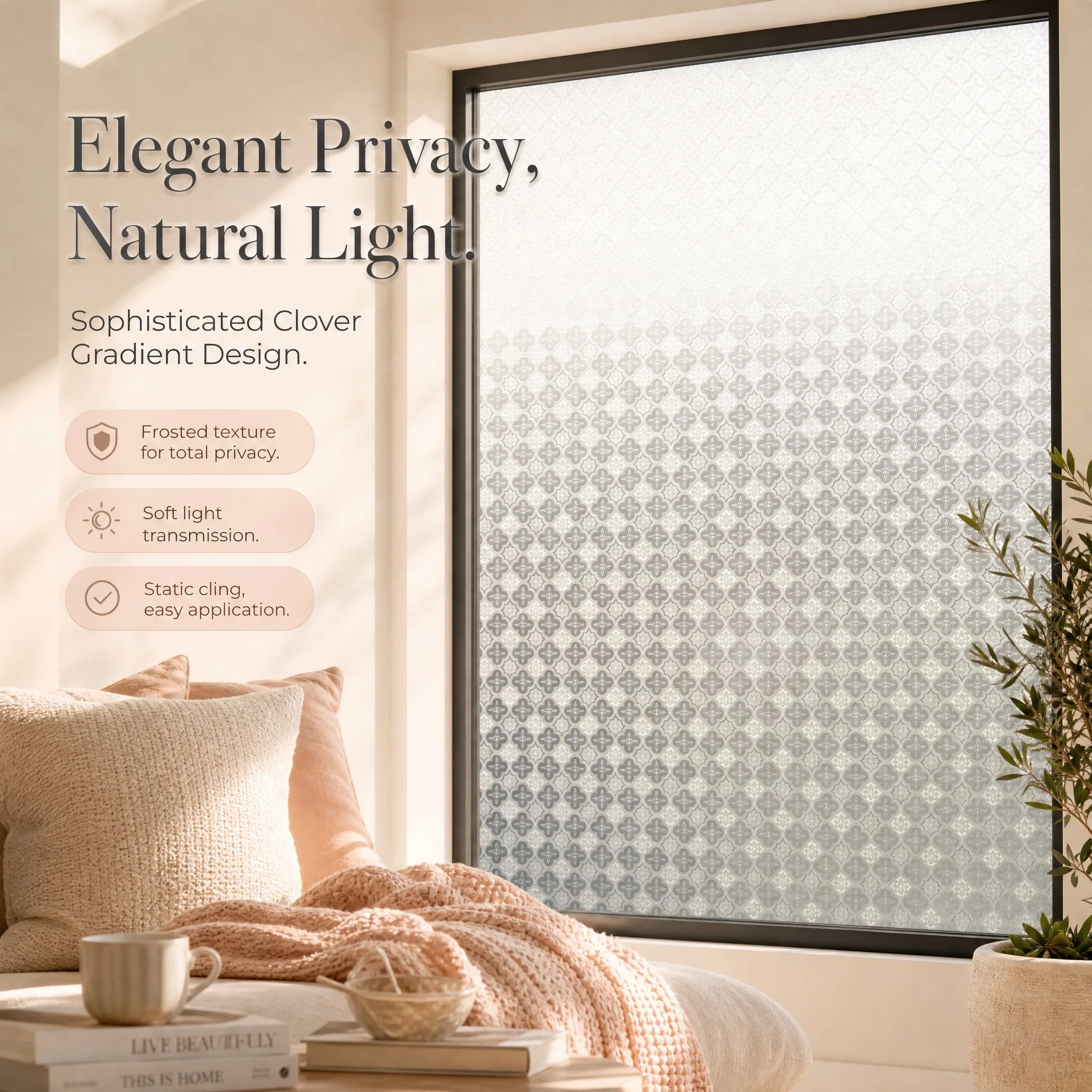 Clover Gradient Frosted Window Film Privacy Heat Insulation Anti-Splash Static Cling Decorative for Office Bathroom Home