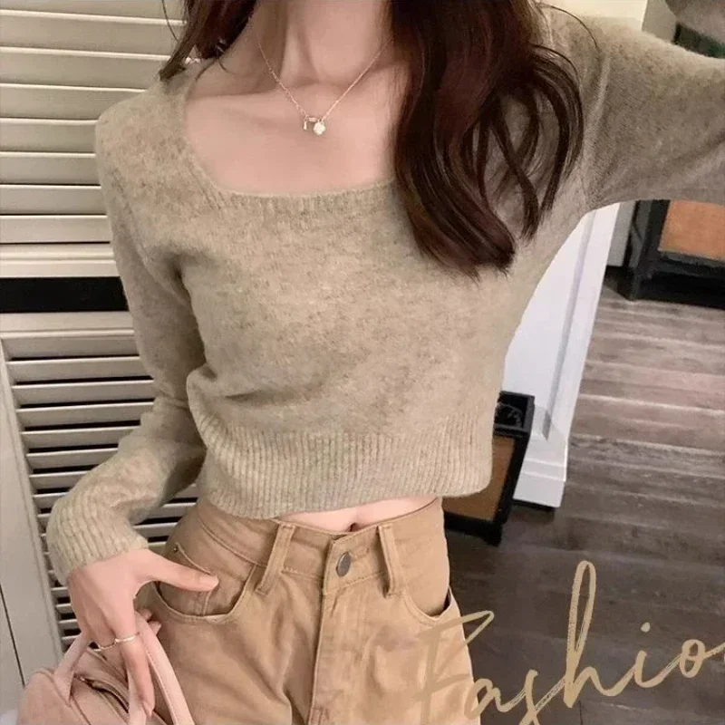 Women New Square Neck Knitwear Vintage Basic Solid Sweater Knitted Top Casual Slim-fit Korean Pullover Autumn Winter Chic Tops