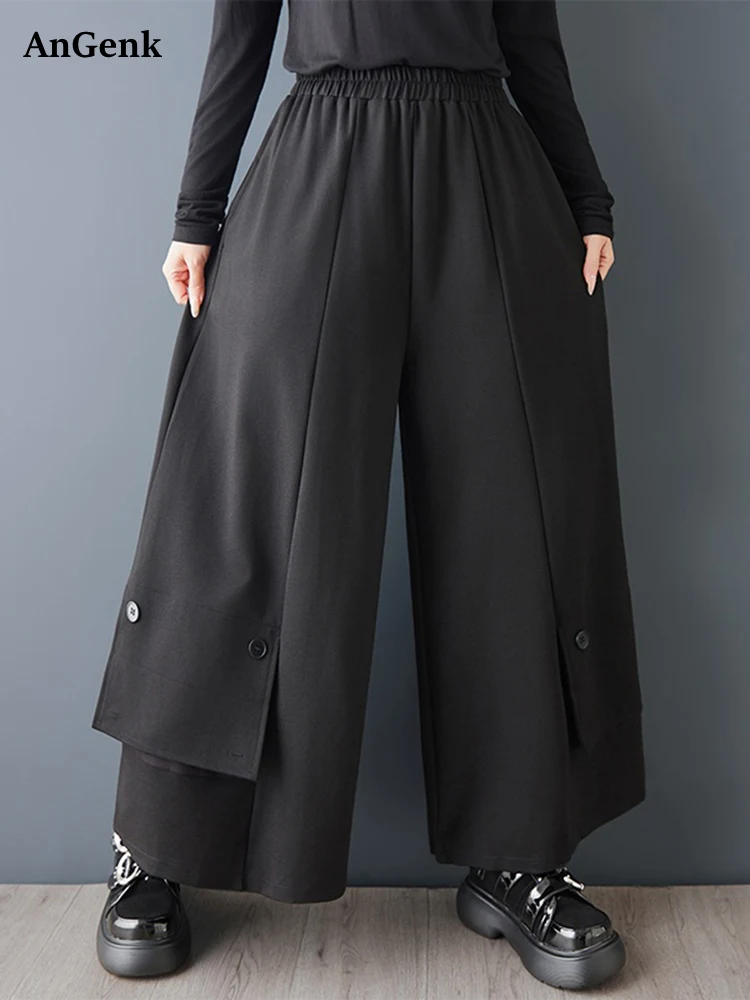 

Новые черные винтажные брюки с высокой талией и широкими штанинами для женщин, весна-осень 2026, свободные повседневные брюки с карманами, модная уличная одежда