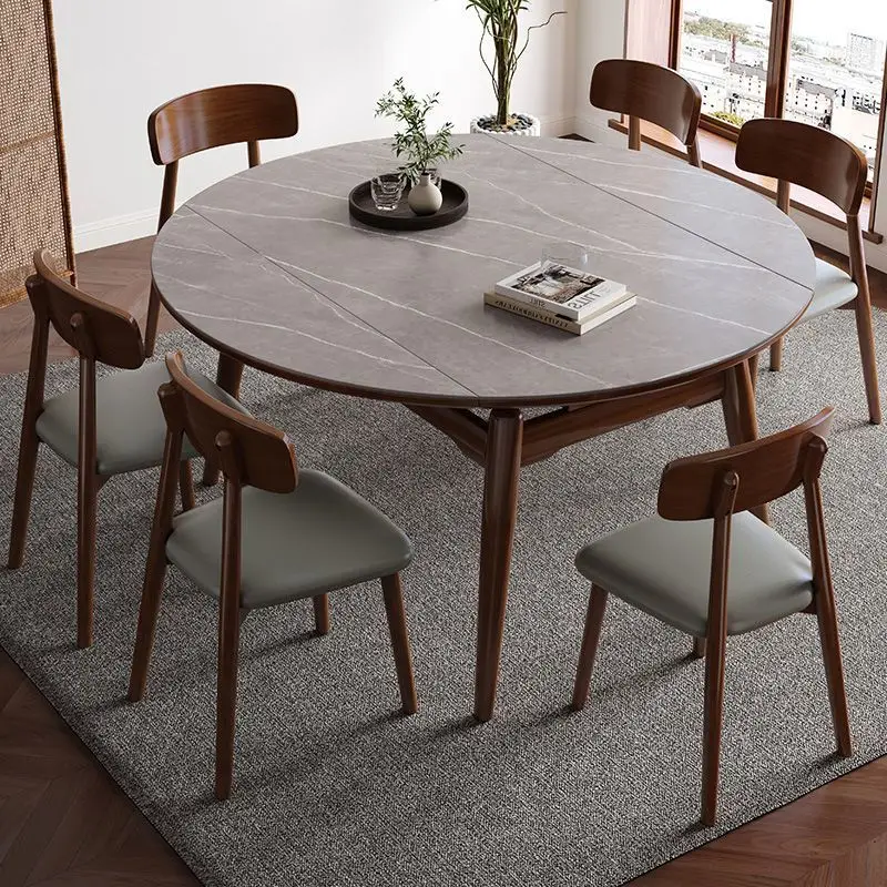 Solid wood rock slab round dining table with turntable dining table and chairs modern simple walnut round table retractable
