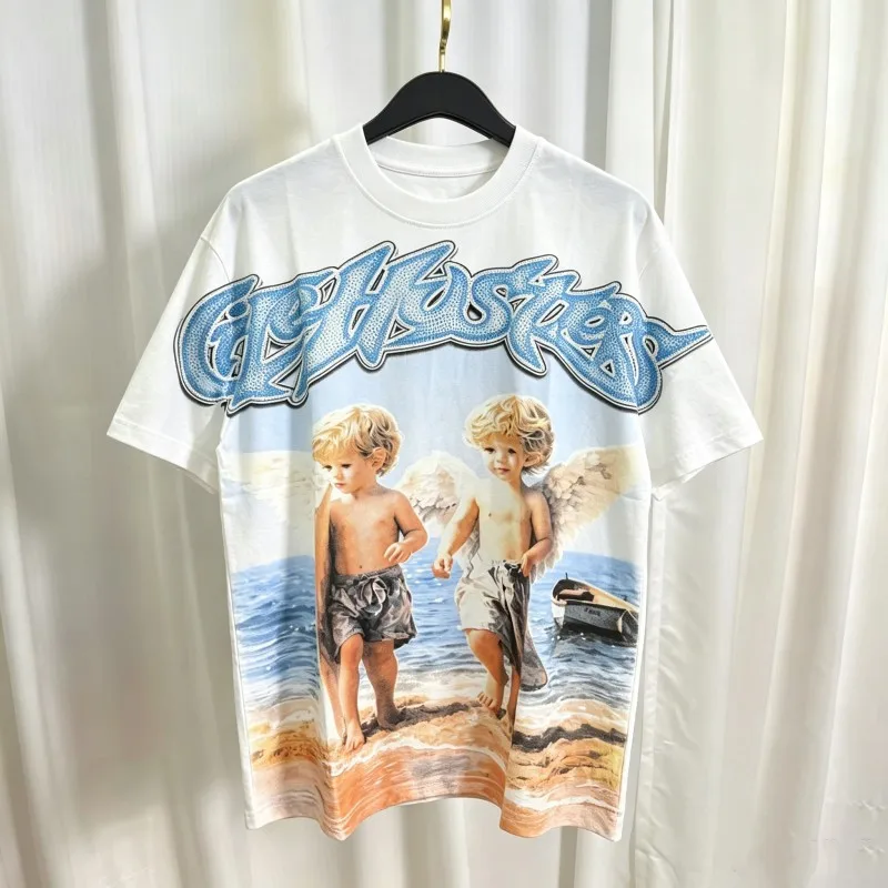 Kid Angel Seaside Boat Print Summer Men Women Hustlers Tshirts Blue Hotfix Rhinestone Letter Logo Short Sleeve Black White Tee