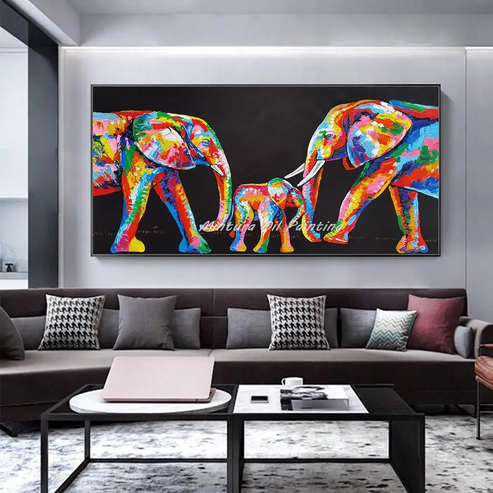 Mintura Handpainted 3D Modern Anmimals Poster Colorfull Elephant Oil Paintings on Canvas Wall Art Picture Living Room Home Decor