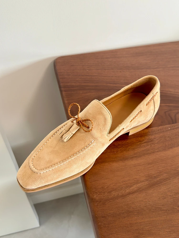

High-end Sheepskin Suede Leather Shoes Men's Retro British Style Khaki Casual Square Toe Tassel Loafers Men's Shoes Trendy