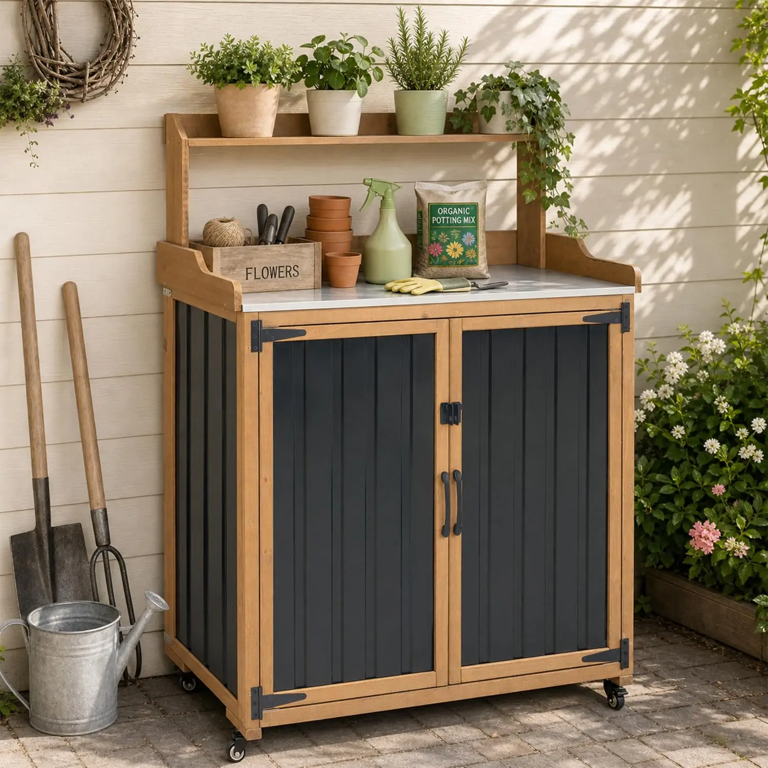 Potting Bench with Storage & Wheels, Mobile Outdoor Cabinet for Garden