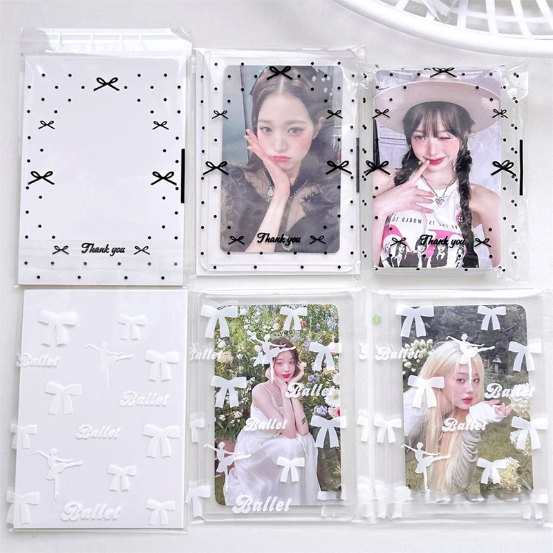 50Pcs Black & White Ballet Bow Clear Photocard Sleeves Self-adhesive Idol Photo Cover Self Sealing Gift Card Packaging Bag