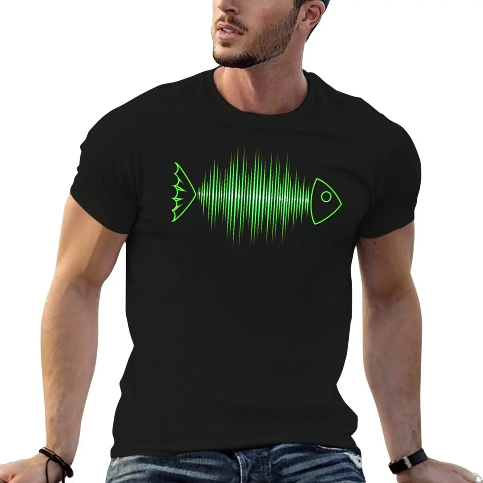 Music Fish Pulse Rate Frequency Dance House Techno Wave T-Shirt Classic Print Short Sleeve Shirt