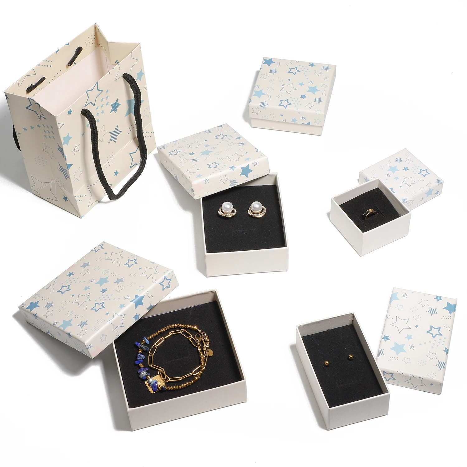 1PCS White Paper Jewelry Box Star Printed Box Bracelet Necklace Ring Earring Box Handmde Kraft Wedding Gifts Packaging Box