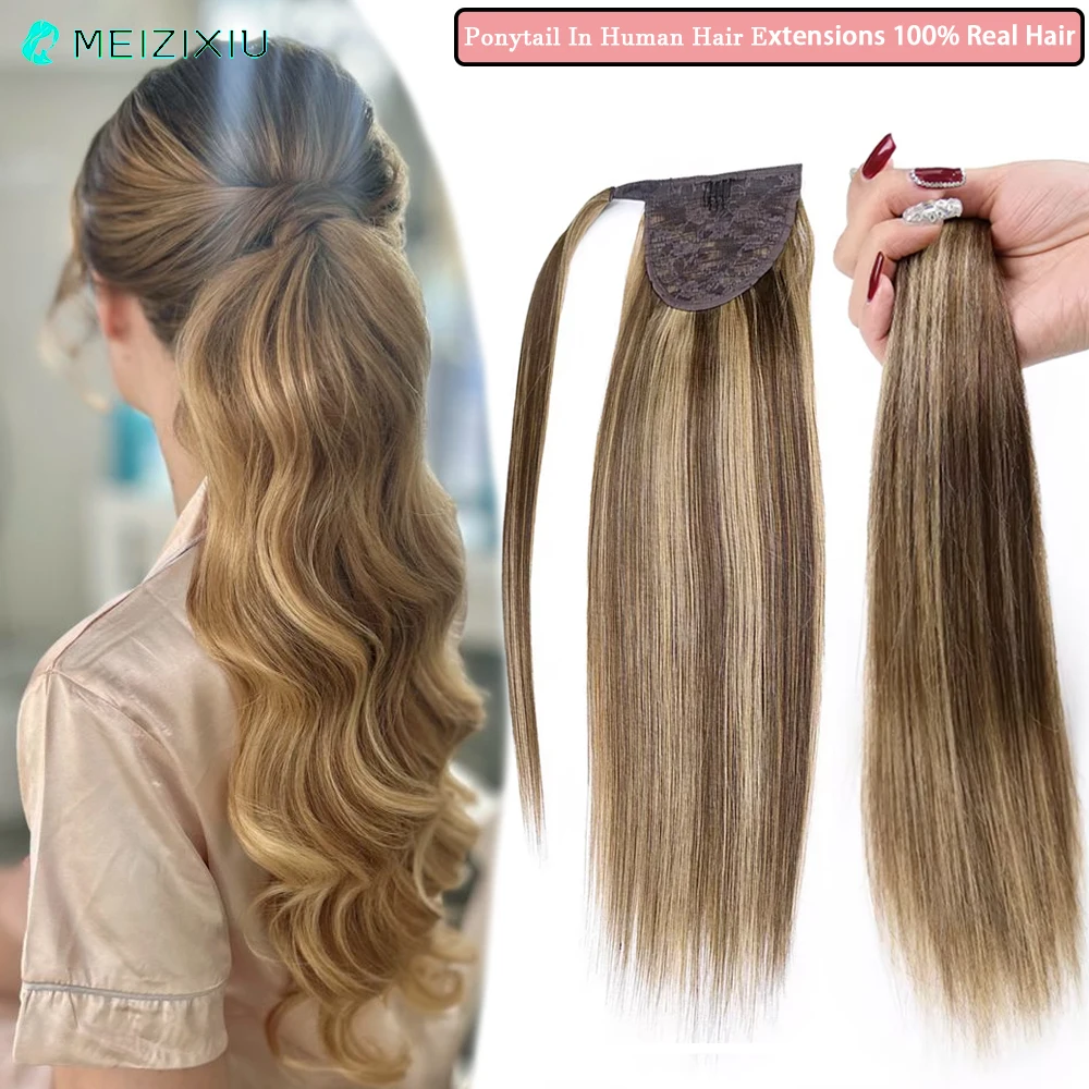 

Ponytail In Hair Extensions Add Hair Highlight PonyTail In Human Hair Extension For Women Magic Wrap Around 22 Inch 100g 4-27#