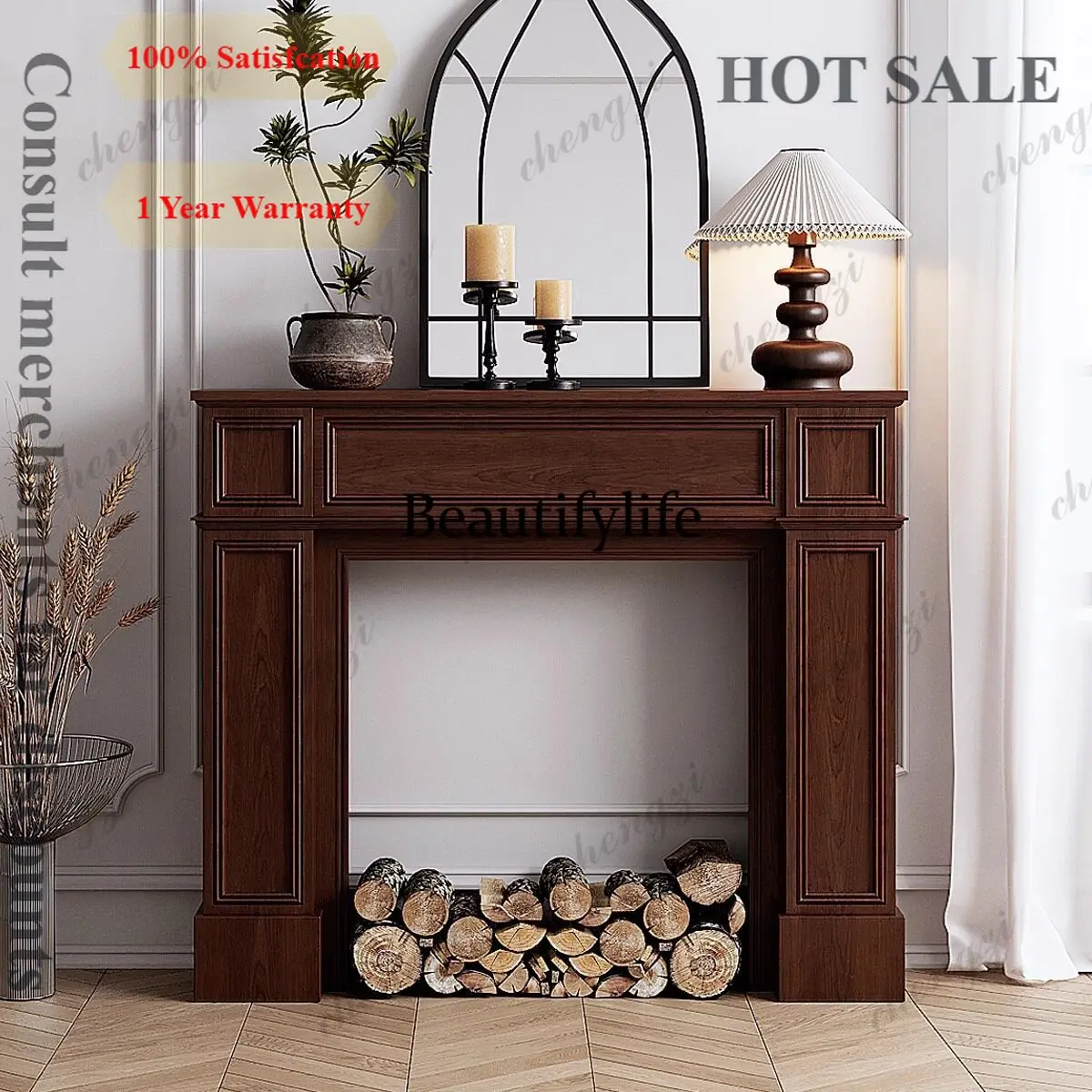 B567  French retro fireplace decoration, living room side cabinet, live stream background display walnut color