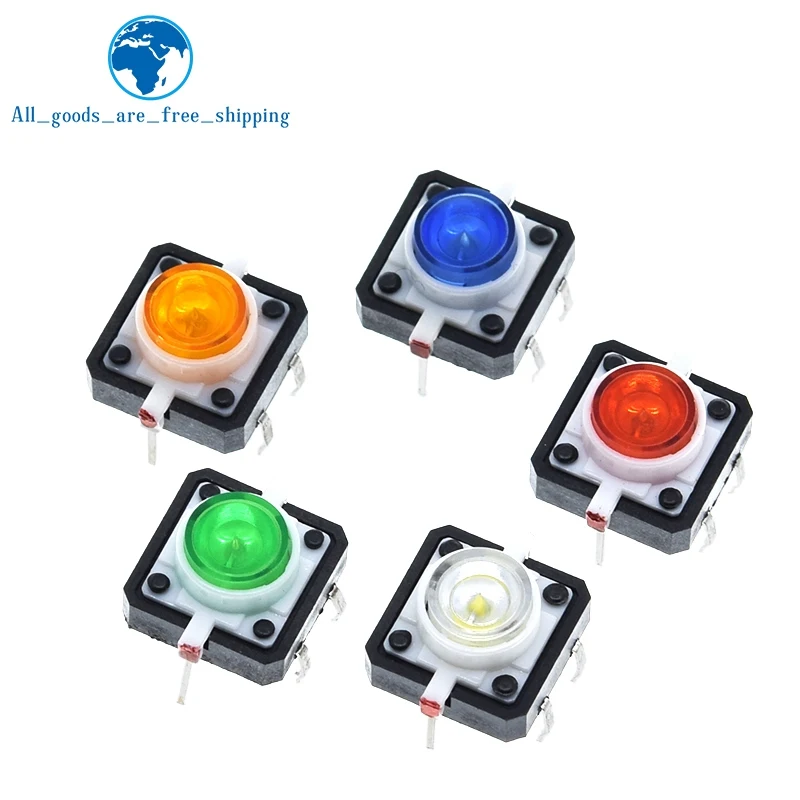 TZT 5PCS 12X12X7.3mm Tactile Push Button Switch Momentary Tact LED 5 Color  12*12*7.3mm 12*12*7.3 Red Green Blue Yellow White