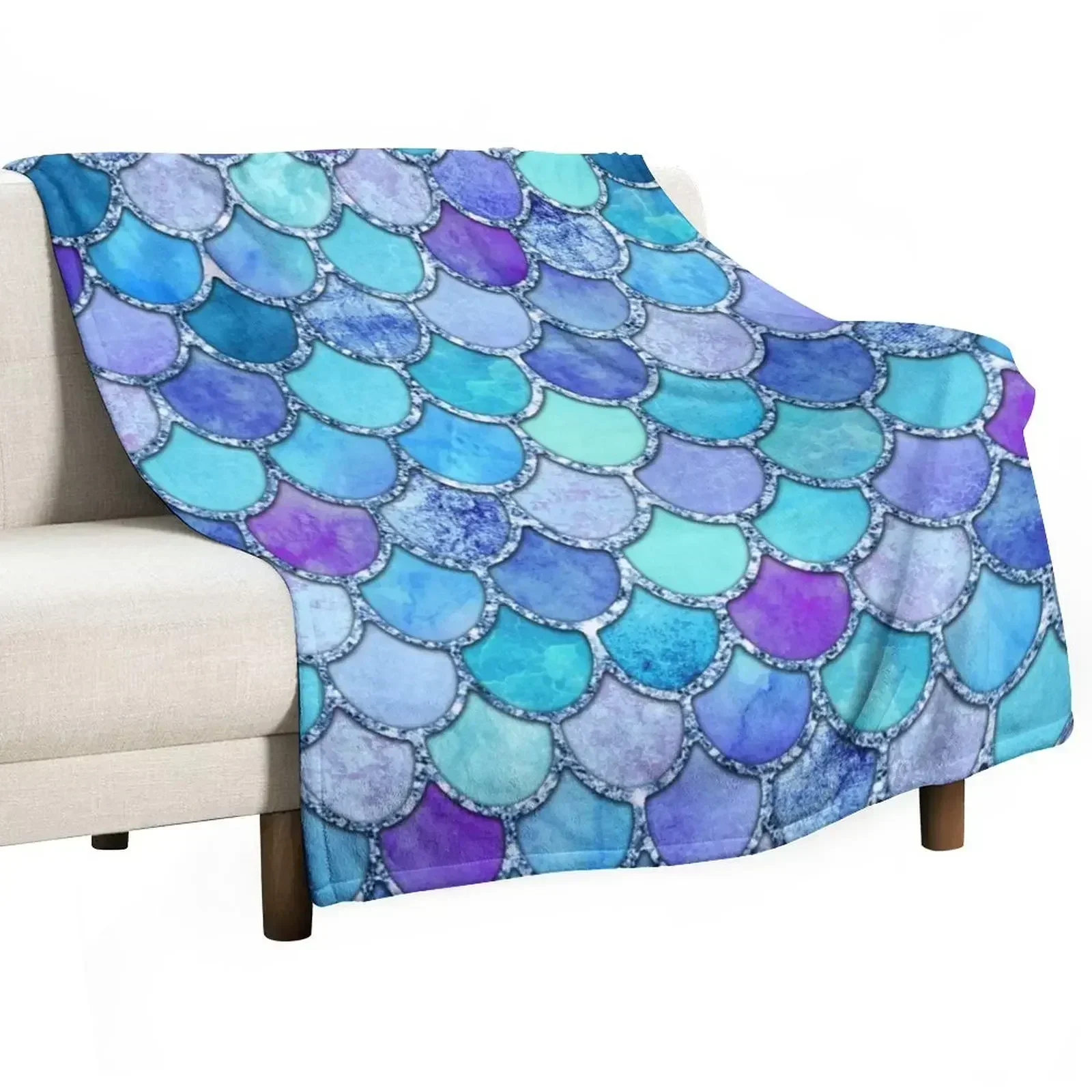 

Colorful Blues Mermaid Scales Throw Blanket Summer decorative Decoratives Blankets