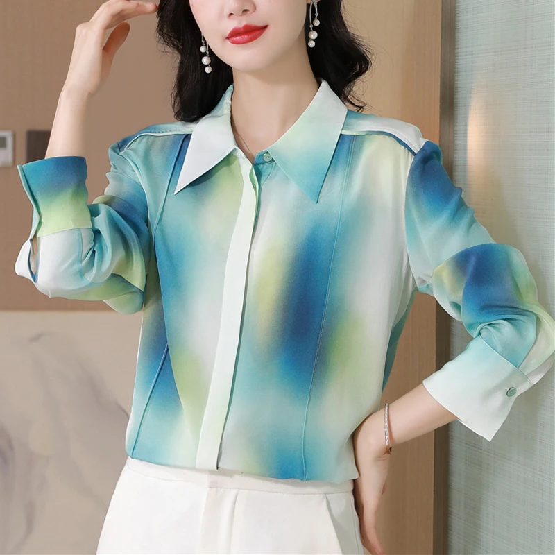 Camicette di seta casual streetwear con stampa chic a maniche lunghe Camicie da donna eleganti e sottili da ufficio Top vintage Camisas