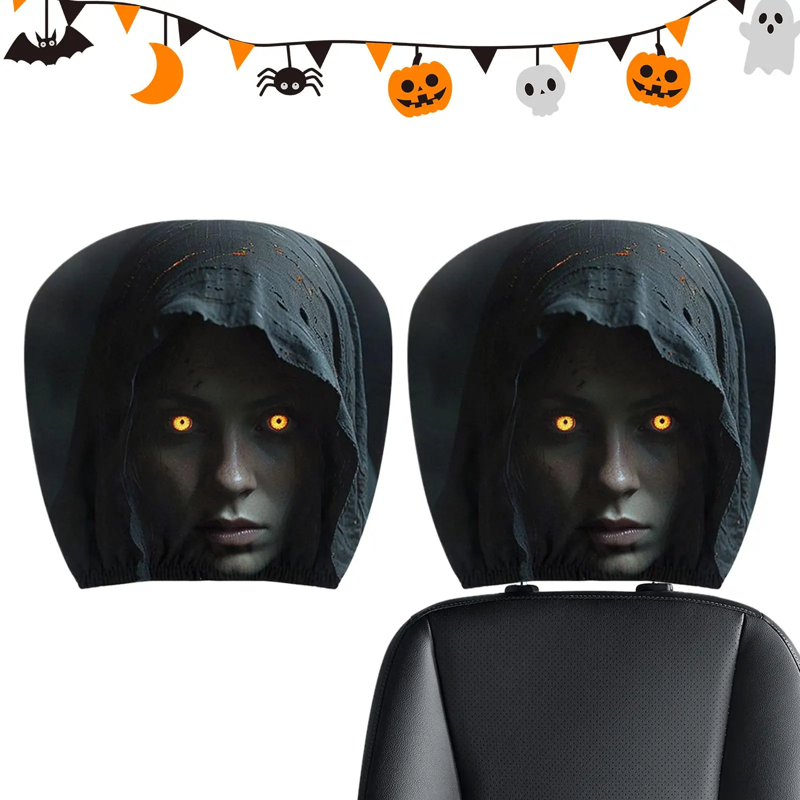 2pcs Halloween Car Headrest Covers Scary Elastic 2D Printing Halloween Decor Head Rest Cover Car Interior Decor for SUV Truck RV