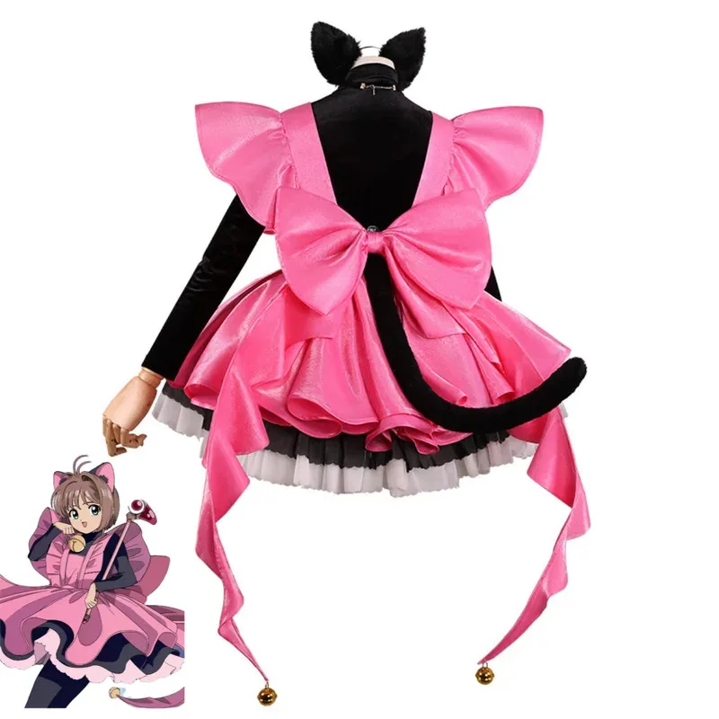 アニメカードキャプター カードキャプター木之本桜コスプレ衣装黒猫ピンクドレスロリータウィッグ女性セクシーなカーニバルスーツ;2k,j'x.8;