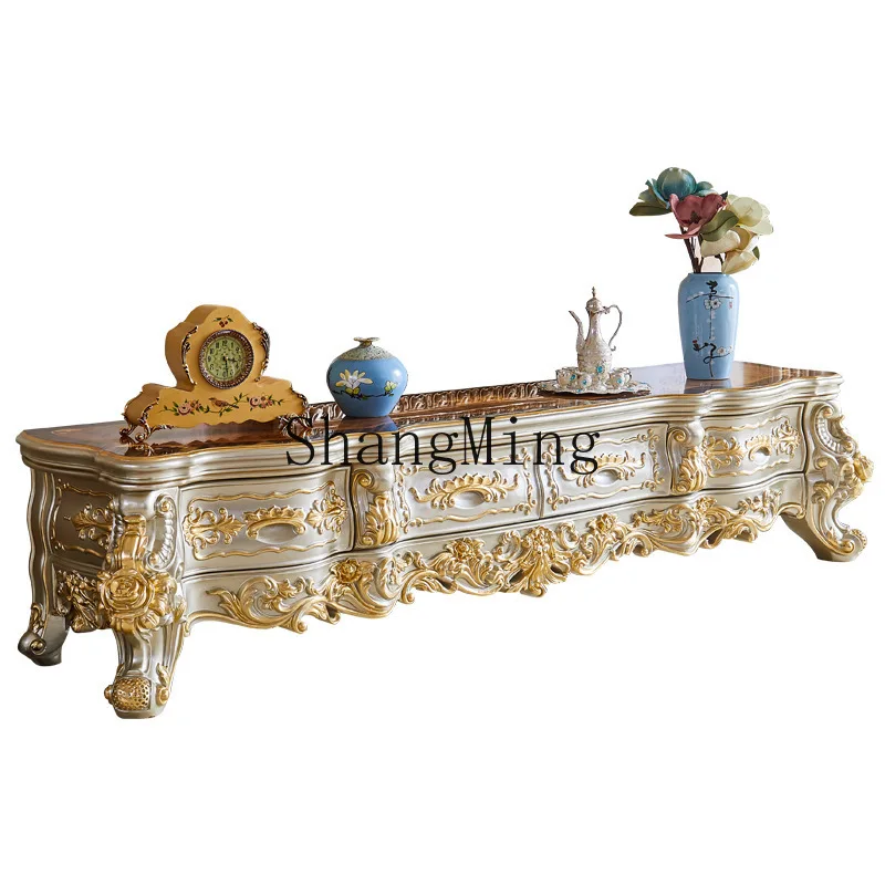 FG good-looking solid wood TV cabinet, villa large-sized water-based paint engraved gold-painted TV living room drawer cabinet