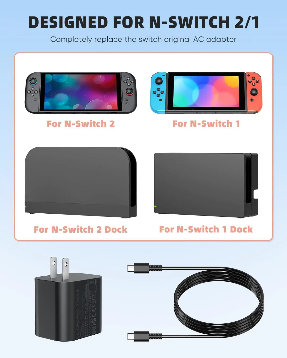 Switch2 Charger  60w Power Adapter for Nintendo 2/1, 5FT/1.5M UBC Cable, Support 4KTV Dock, [Replacement for OEM Switch2 Charger