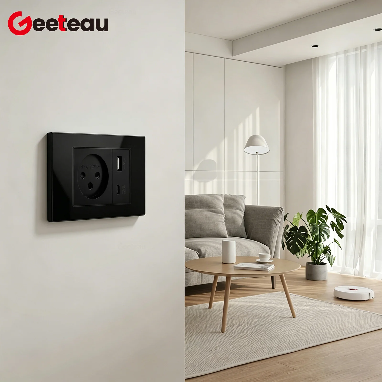 Geeteau Israel Type H Glass Panel Socket 16A 230V 10W USB C Phosphor Copper Secure Buckle Household Safe Wall Outlet view 5