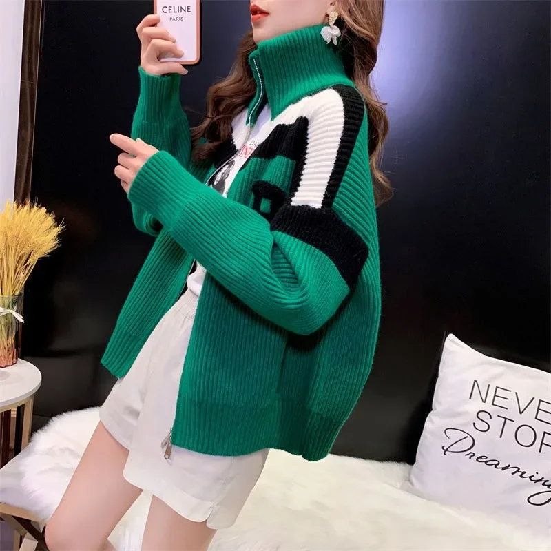 DAYIFUN-Sweater Zipper High Collar,Knitted Cardigan,Contrast Color Coat,Long Sleeves,Loose,Casual,Stripe Letter Cardigans Tops