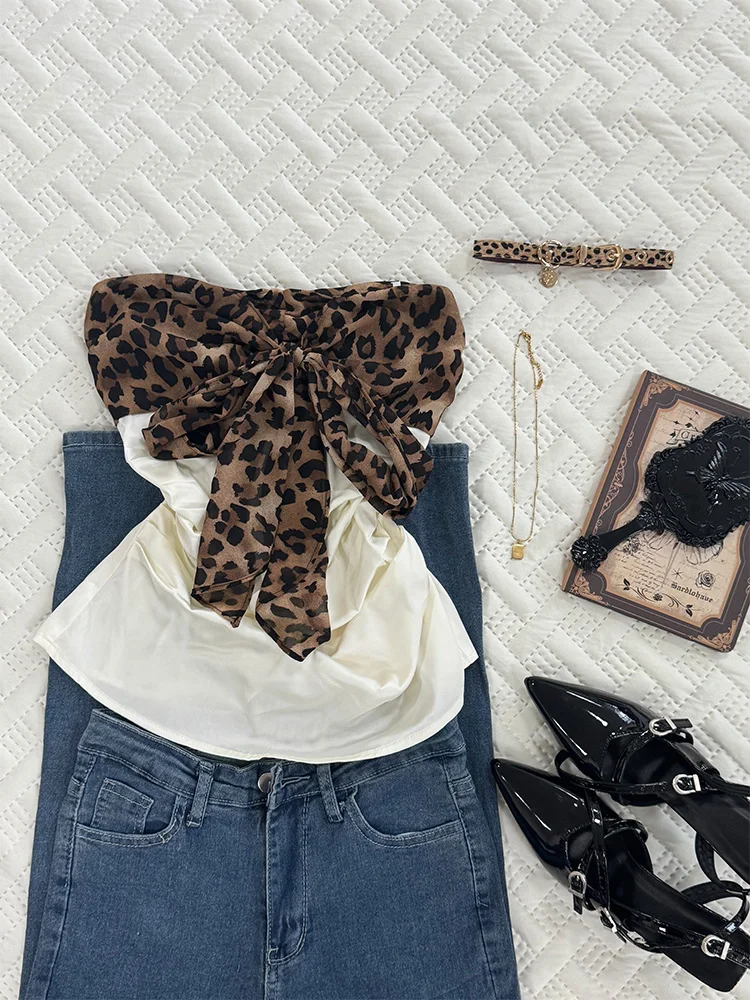 Pure Desire Y2K T-irt Women's Leopard Print Bow Tie Tube Top New 2025 Retro Vintage Sle Commute Slim Fit Cotton Blend