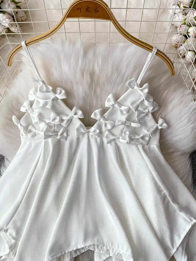 ผู้หญิงสีขาวBow Crop Top Vintage Y2k Camisoleปิดไหล่ไม่สมมาตรรัดตัวTopเสื้อกั๊กTank Top 2000Sเสื้อผ้า 2025