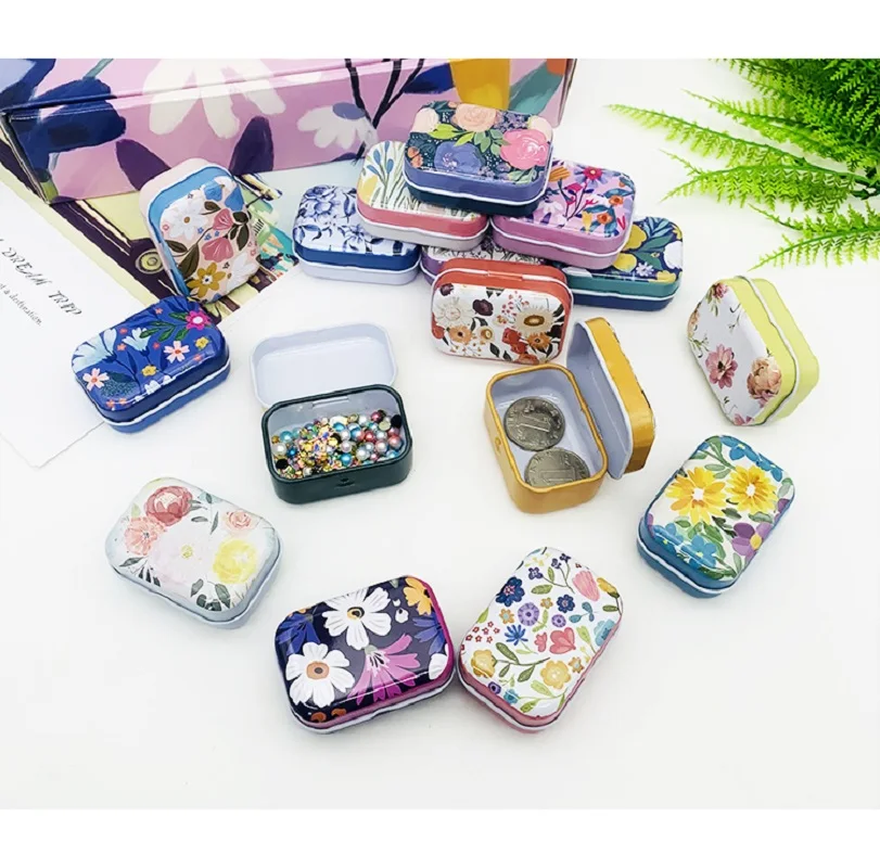 1PCS Elegant Floral Pattern Mini Storage Box for Candy & Pill Small Square Tin Earrings Box With Lid Jewelry Metal Container