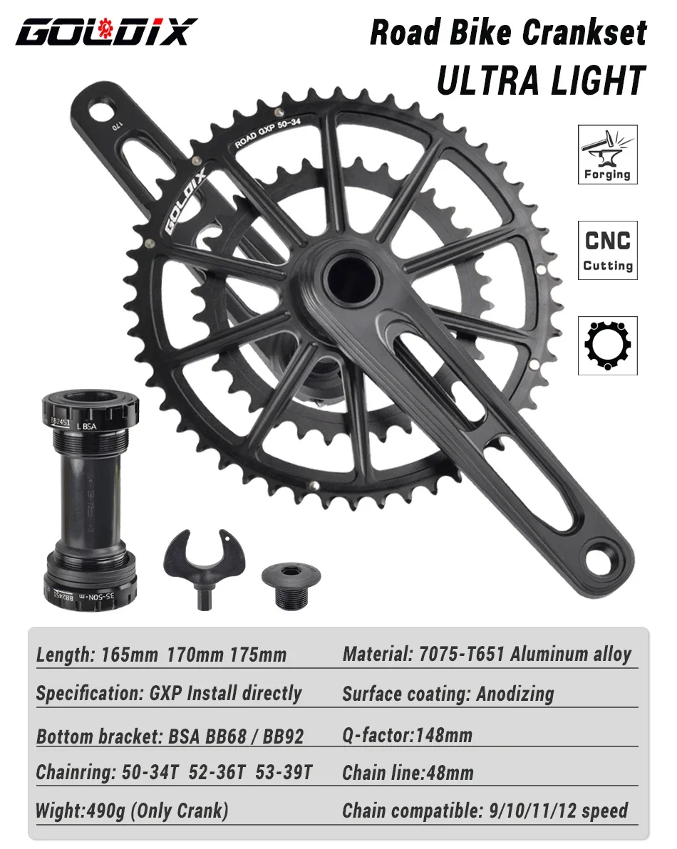 GOLDIX Ultraleichte Rennrad-Kurbelgarnitur Doppelkettenblatt 50-34T/52-36T/53-39T 165/170/175mm Vollständig CNC-gefräster Kurbelarm für Rennräder – Detail 1