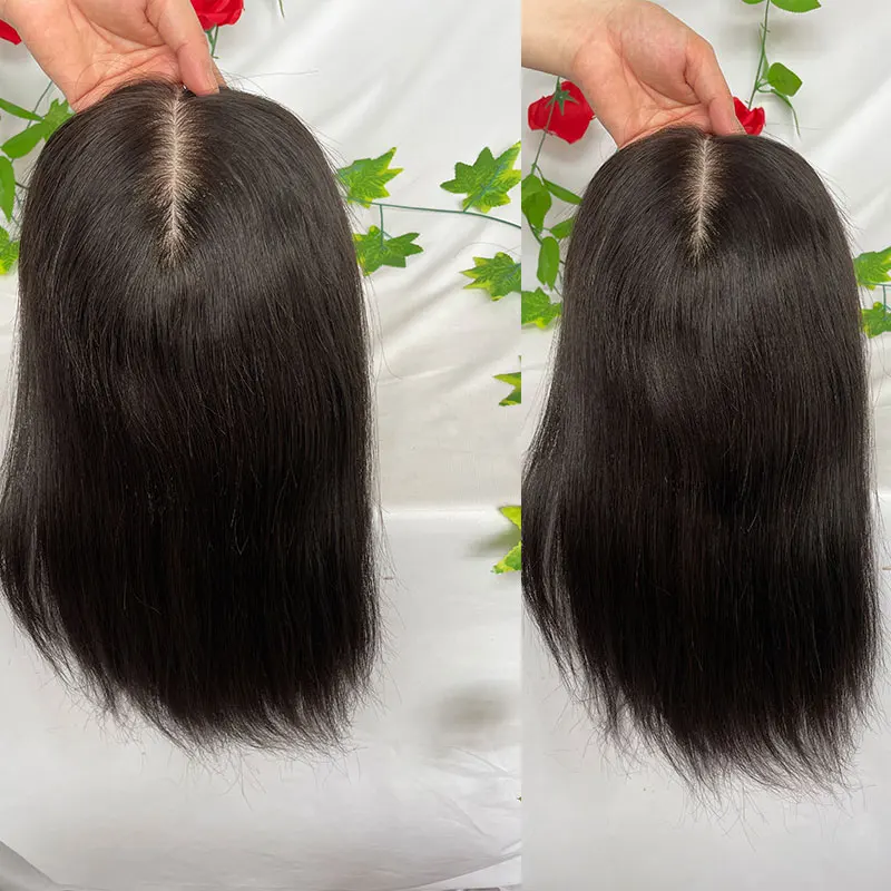 Klip di sutra dasar penutup rambut untuk wanita bagian tengah ujung lurus rambut manusia klip tipis di atas hiasan rambut warna alami 13x15cm