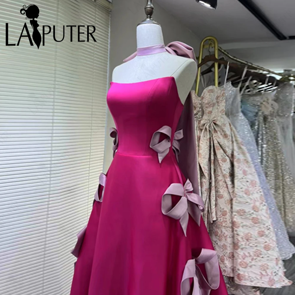 Fuchsia Satin Ballkleider A-Linie Schulterfrei Schleife Knoten Abendkleid Neckholder Band Elegantes Damen-Berühmtheitskleid 2024