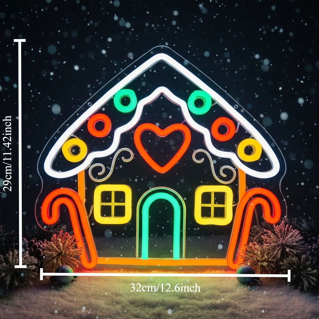 Merry Christmas Neon Sign USB Powered -Gingerbread Houses Energy-efficient  for Home Window Wall Hanging Christmas Decor